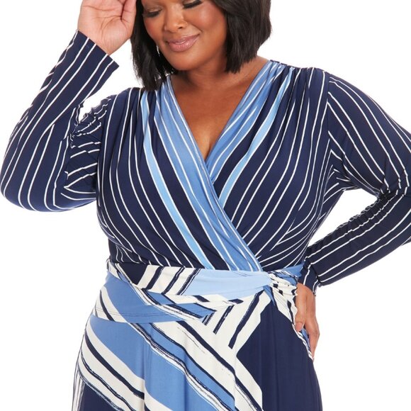 London Times Plus 22W Side Twist Wrap Midi Dress Ivory Blue Jersey V-Neck NWT - Picture 3 of 5